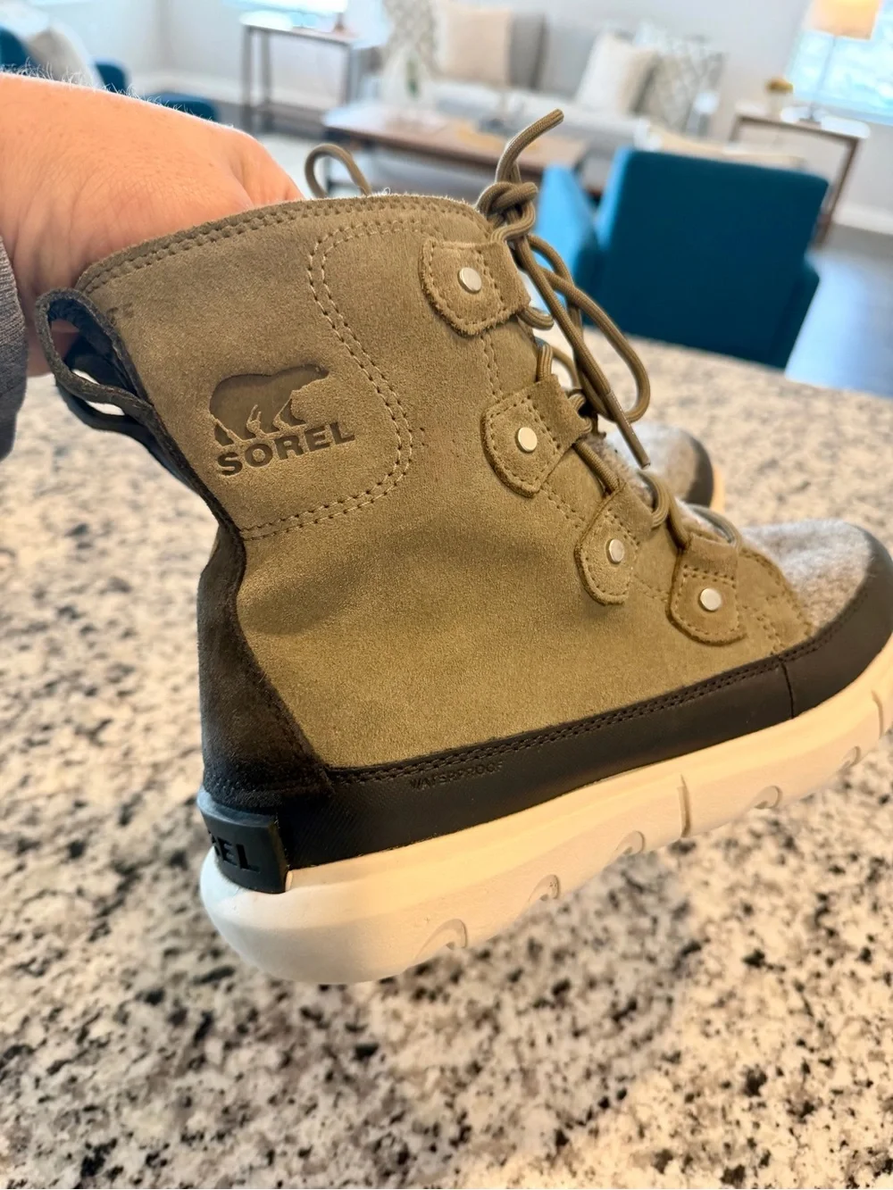 Sorel Explorer Next Joan Women's Waterproof Boots Size 7 Green Grey Suede Wool
